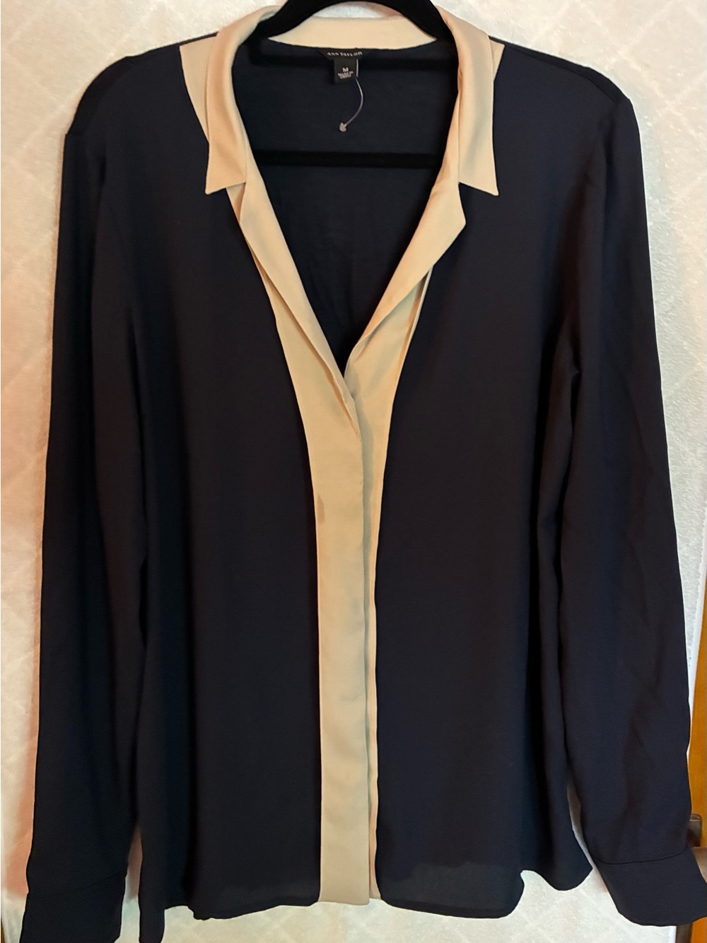 Ann Taylor Navy Blouse with Beige Trim